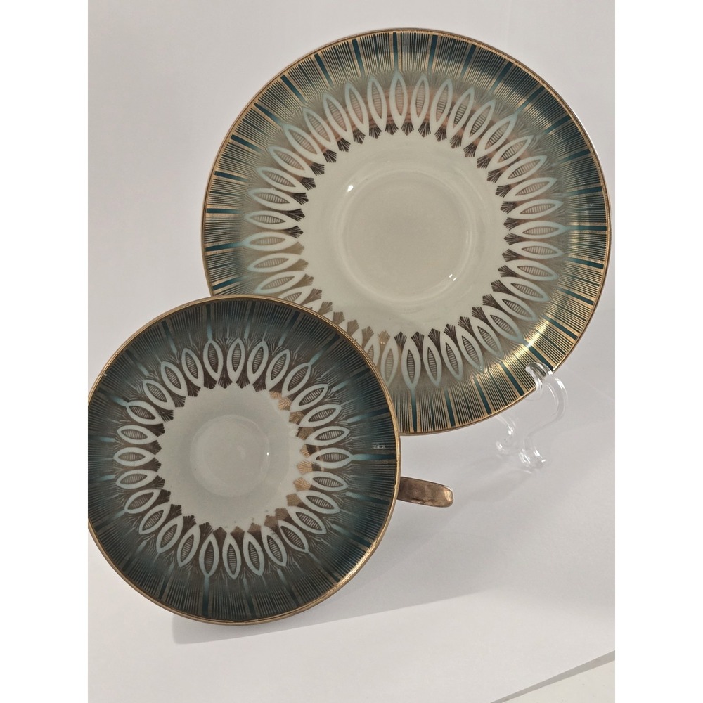 Bareuther Waldsassen Porcelain Cup & Saucer Set White Gold Teal Decorative